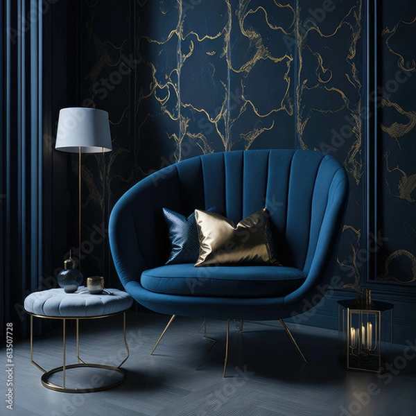 Fototapeta Stylish Armchair On Classic Victorian Pattern Wallpaper Wall, Living Room, Soft Window Light, Side Table with Metal texture Generative AI