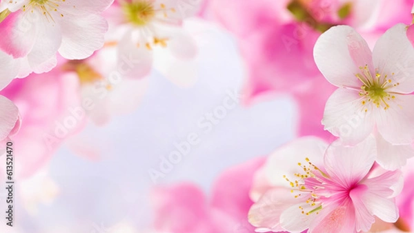 Fototapeta Cherry blossom background, Blurred pastel pink tone,  there is an area for text in the corners of the picture. Generative AI.