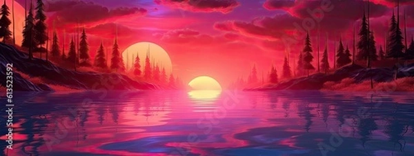 Fototapeta banner hand drawn landscape painted landscape 3d  sunset on the beach. Sun reflection in water. Futuristic landscape. Digital landscape cyber surface. generative ai