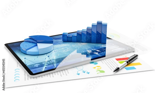 Fototapeta Three-dimensional graph models on tablet pc and financial report document isolated on white background. 