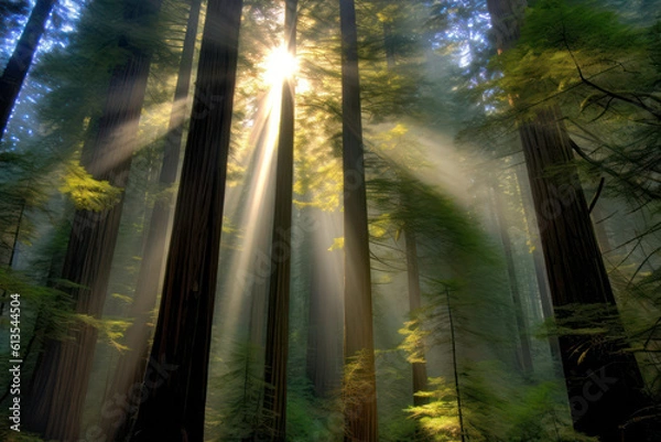 Obraz A lush forest illuminated by golden sunlight streaming through the canopy, creating a magical and ethereal ambiance