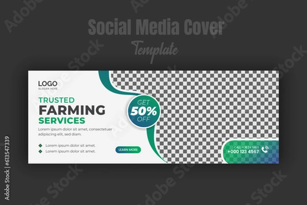 Fototapeta Trusted farming service social media cover or post design template, modern lawn mower garden, landscaping service promote with abstract green color shapes and white background