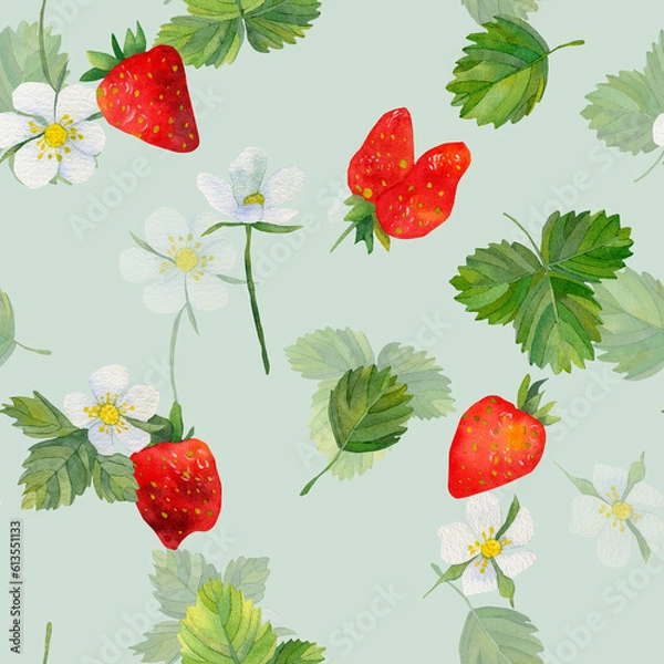Fototapeta Seamless pattern with strawberries and green leaves. Red strawberry background. A hand-drawn illustration of food. Fruit print. For greetings, logo. Summer sweet and bright fruits and berries.