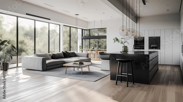 Fototapeta A modern minimalist home interior design with clean lines, sleek furniture, and neutral color palette, featuring an open-concept living space connected to a spacious kitchen, bathed in natural light f