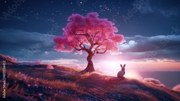 Obraz Playful Bunny Enjoying the Company of a Pink Tree on a Serene Hill Generative AI