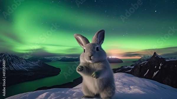 Obraz Majestic Bunny: Posing atop a Mountain with Breathtaking Aurora Borealis Generative AI