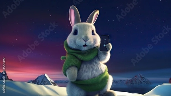 Obraz Majestic Bunny: Posing atop a Mountain with Breathtaking Aurora Borealis Generative AI