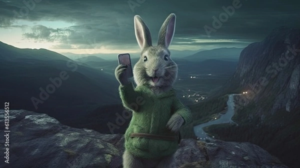 Obraz Majestic Bunny: Posing atop a Mountain with Breathtaking Aurora Borealis Generative AI