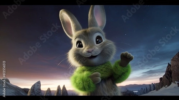 Obraz Majestic Bunny: Posing atop a Mountain with Breathtaking Aurora Borealis Generative AI