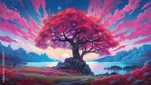 Obraz Enchanting Reflections: Pink Tree on a Moody Lake Generative AI
