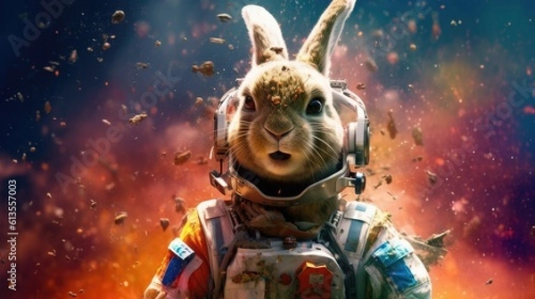 Obraz Astronaut Bunny with Explosive Colors in the Background Generative AI