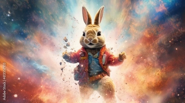 Obraz Astronaut Bunny with Explosive Colors in the Background Generative AI
