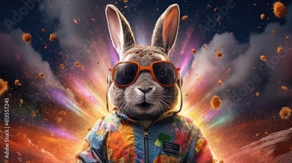 Obraz Astronaut Bunny with Explosive Colors in the Background Generative AI