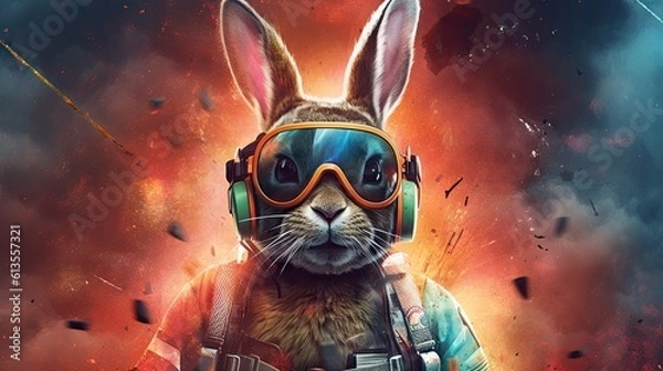 Obraz Astronaut Bunny with Explosive Colors in the Background Generative AI