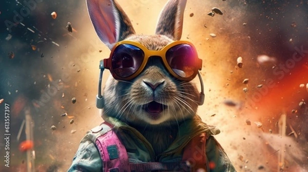 Obraz Astronaut Bunny with Explosive Colors in the Background Generative AI