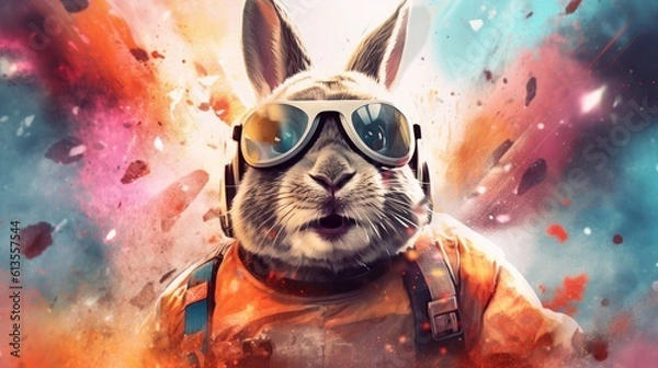 Obraz Astronaut Bunny with Explosive Colors in the Background Generative AI