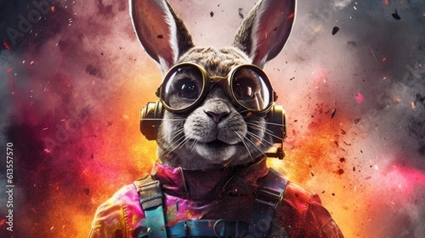 Obraz Astronaut Bunny with Explosive Colors in the Background Generative AI