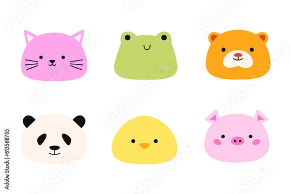 Fototapeta Set cute animal mochi. Cat, frog, bear, panda, duck and pig cartoon characters. Japanese sweets and desserts. Kawaii print. Isolated on white background.
