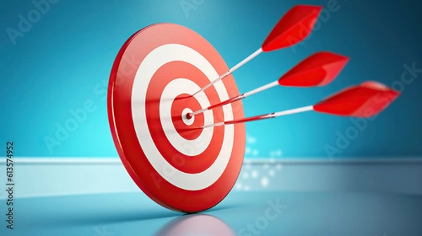 Obraz Creative illustration of red round shaped target with thin arrow representing concept of setting goals correctly on blue background, Generative AI