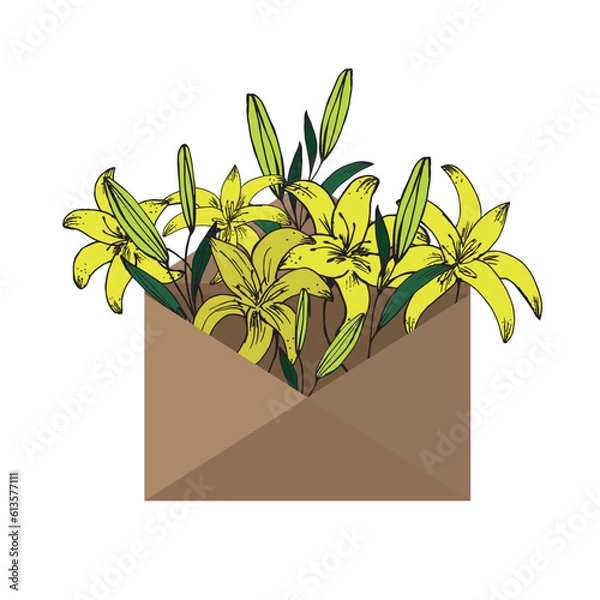 Fototapeta Vector illustration. Envelope with blooming yellow lilies. Flowers are made in the style of hand drawing