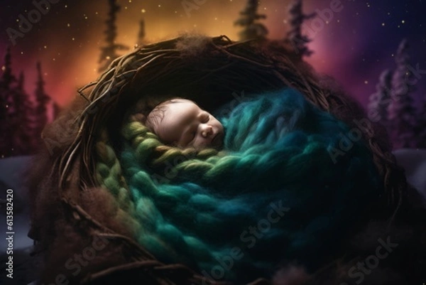 Obraz a baby wrapped in a wool blanket in a wooden net created with Generative AI technology
