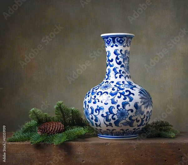 Fototapeta Still life with chinese vase and fir branches