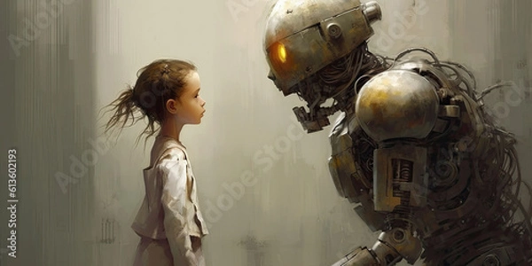 Fototapeta Robot and little girl face to face