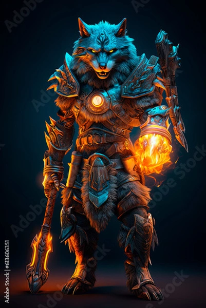 Fototapeta Wolf character in armor holding a spear popul. Generative AI
