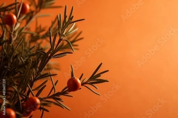 Obraz  Creative Minimalistic Background with Juniper Branches on Beige Backdrop