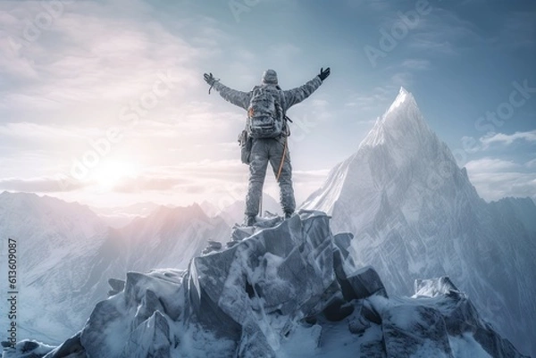 Fototapeta A man stands triumphantly on the mountain summit, arms raised in jubilation, embodying the exhilarating feeling of success and accomplishment