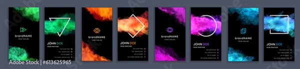 Obraz Big set of bright vertical colorful business card template with vector watercolor black background