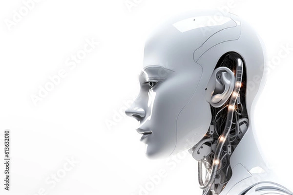 Fototapeta Futuristic female android robot. Mechanical female portrait profile side view isolated on white flat background with copy space. Generative AI 3d render illustration imitation. Banner template.