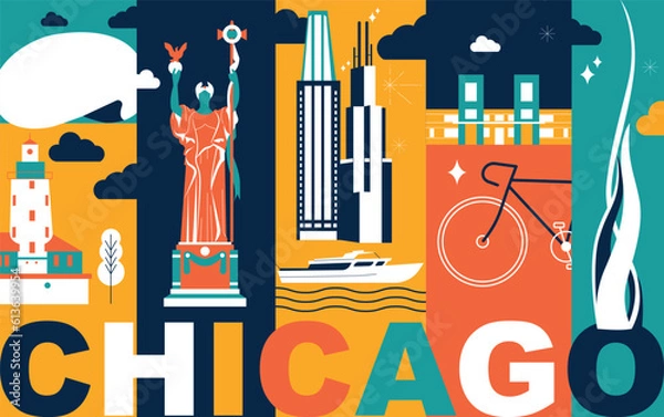 Obraz Typography word Chicago branding technology concept. Collection of flat vector web icons. American culture travel set, architectures, specialties detailed silhouette. Doodle famous landmarks.