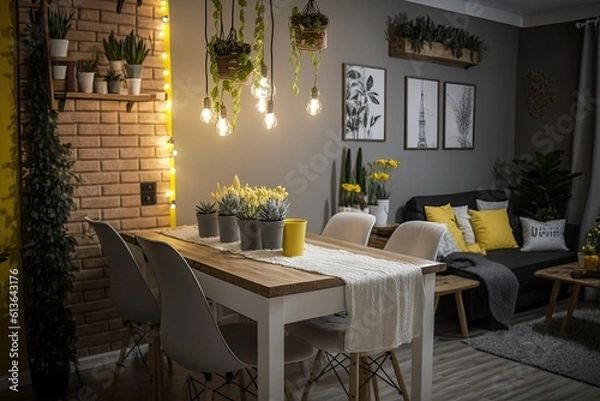 Fototapeta cozy living room with a comfortable couch, coffee table and chairs. Generative AI