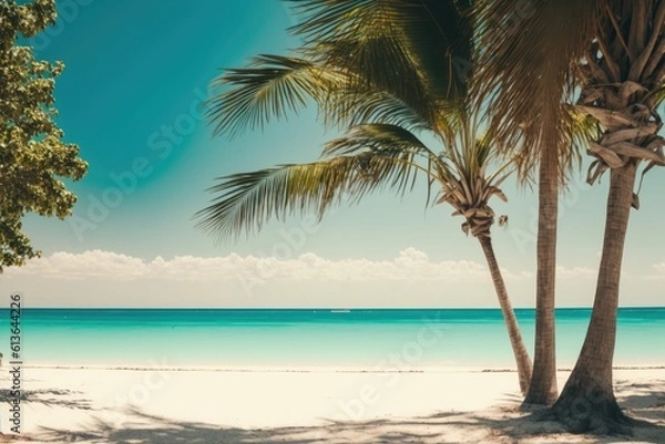 Fototapeta Copy space on a sunny tropical beach with palm trees in the backdrop. Generative AI