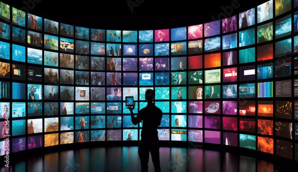 Fototapeta Colorful multimedia wall with videos and images. Banner. Wallpaper. created by AI