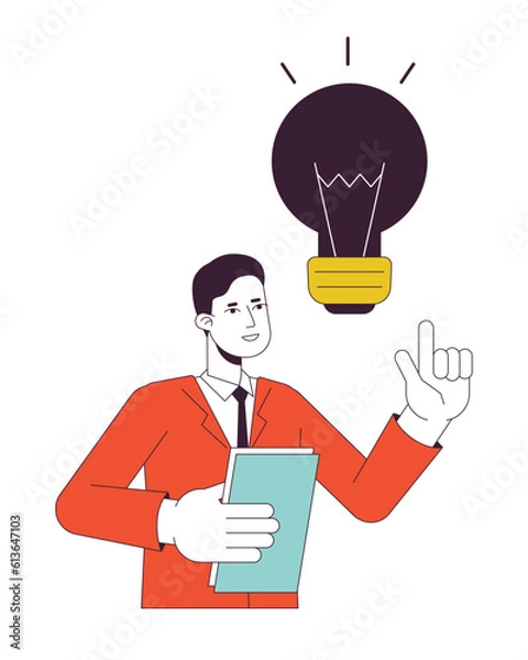 Fototapeta Brainstorming office employee flat line concept vector spot illustration. Male white collar worker 2D cartoon outline character on white for web UI design. Editable isolated colorful hero image