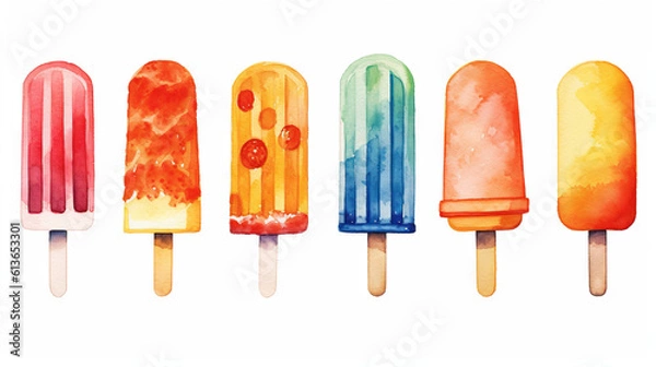 Fototapeta watercolor illustration of ice cream ice lolly, colorful with fruits, generaative ai