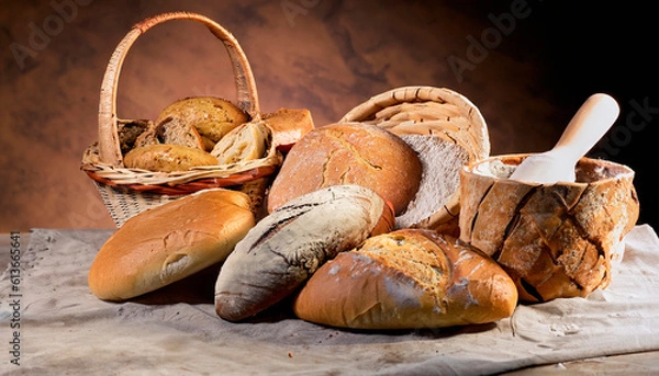 Obraz Natural fermentation Italian breads in still with baskets in the composition