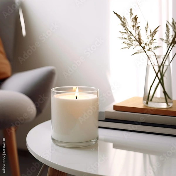 Fototapeta Clear glass candle jar mockup, burning container candle template in bright light room interior with home decor, styled mockup Generative AI