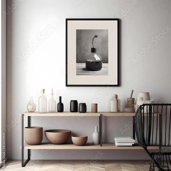Fototapeta Frame mockup. Coastal Scandinavian interior style. minimalism concept. Vertical templates for artwork, painting, photo or poster mockups. 3d .