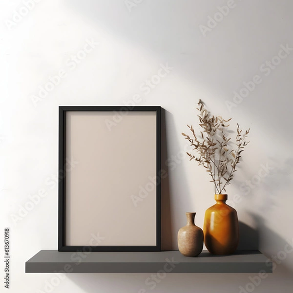 Fototapeta Frame mockup. Coastal Scandinavian interior style. minimalism concept. Vertical templates for artwork, painting, photo or poster mockups. 3d .