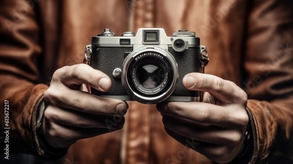 Obraz World Photographer's Day. the camera is in the hands of a person. Greeting cards for holiday photos. World Camera Day. generative ai
