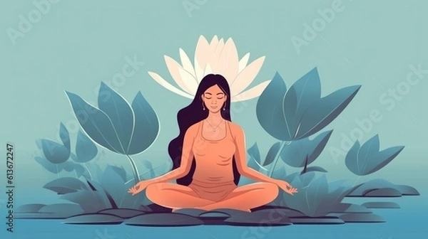 Fototapeta A woman meditates in nature and goes into a trance. Conceptual illustration for yoga, meditation, relaxation, healthy lifestyle. illustration in a flat style. Generative AI.