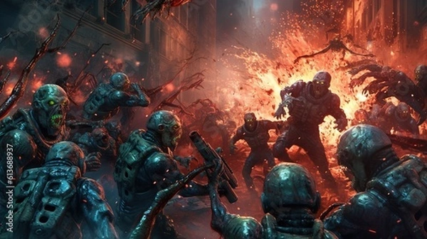 Fototapeta A group of sci-fi soldiers in a battle with futuristic cyborg aliens. Fantasy concept , Illustration painting.