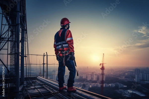 Obraz construction engineer worker at heights,architecture sci-fi construction working platform on top of building, suspended cables, fall protection and scaffolding installation.