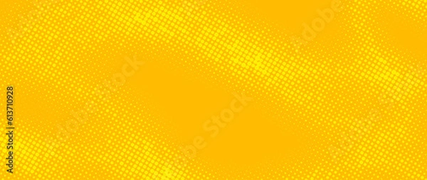 Fototapeta Bright yellow halftone background. Retro comic grain texture. Pixelated dots cartoon wallpaper. Pop art fading wavy gradient pattern. Vector backdrop.