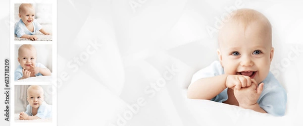 Obraz Collage with a smiling little baby in light colors with a copy space. Banner, postcard and blank for the site and marketplace.