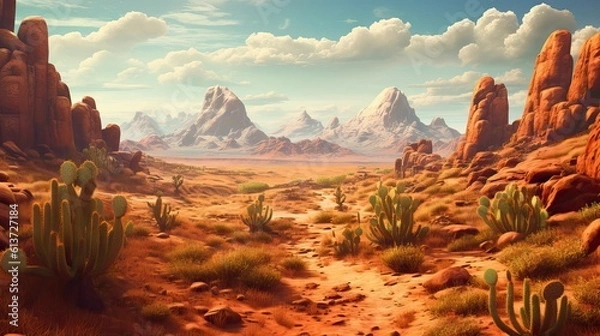 Fototapeta A desert landscape with towering cacti and majestic mountains in the backdrop, reflecting the untamed beauty of the wilderness. Generative AI.