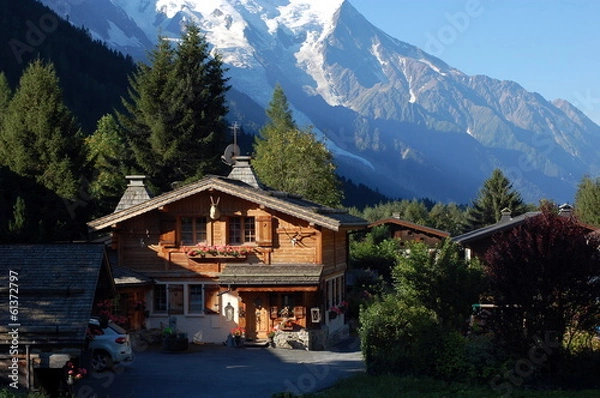 Obraz Mountain house over snow mountain view in Alps near Chamonix